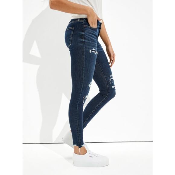 American Eagle Hi-Rise Jegging 6 Long Distressed Ripped Dark Wash Jeans Women's - Picture 1 of 15
